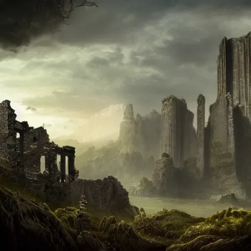 Image similar to intricate matte painting, dramatic landscape, ruins