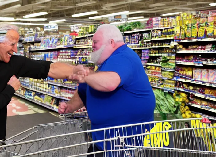 Image similar to Joe Biden punching a fat man at the supermarket, 8K, high quality, highly detailed