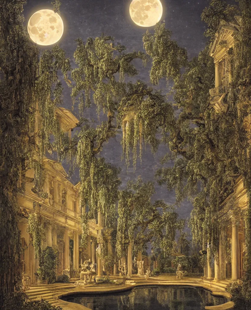 Image similar to photo of beautiful rococo courtyard under moonlight, large glowing moon, pool with rippling reflections, weeping willows and flowers, hellenistic sculptures, very romantic, archdaily,