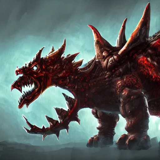 Image similar to concept art of bowser with huge horns and scales and talons in a ruined kingdom, resident evil, horror, occult, terror, mist, volumetric render, digital painting, detailed painting