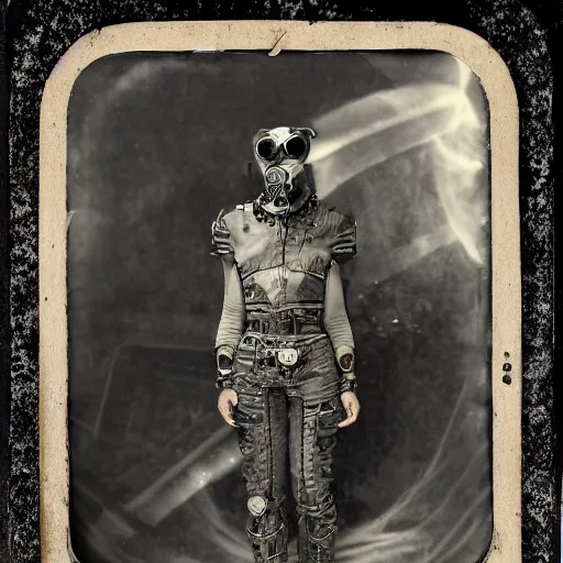 Image similar to tintype photographs of techno shamans, telepaths, dieselpunk cyborgs, masked heroes, irradiated humans, mystic mutates and monster hunters