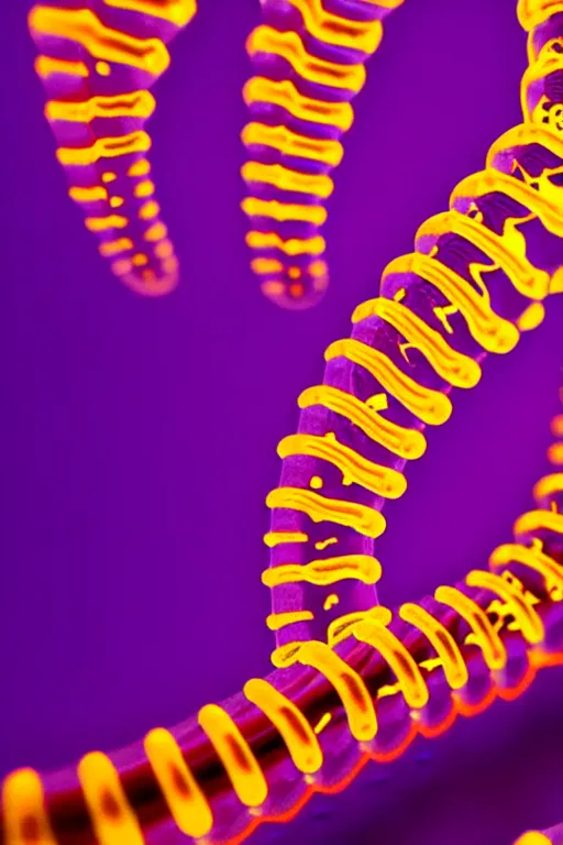 Image similar to high quality close-up photo translucent biomechanic centipede! gorgeous highly detailed hannah yata elson peter cinematic yellow and purple lighting high quality low angle hd 8k sharp shallow depth of field