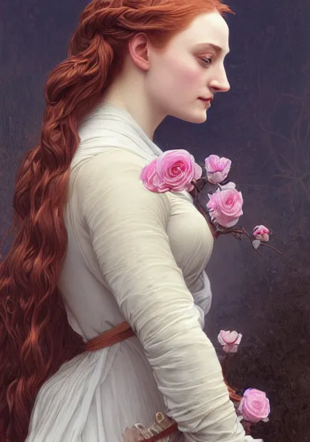 Image similar to portrait of sansa stark with roses in her long hair, intricate, elegant, highly detailed, digital painting, artstation, concept art, smooth, sharp focus, illustration, art by artgerm and greg rutkowski and alphonse mucha and william - adolphe bouguereau