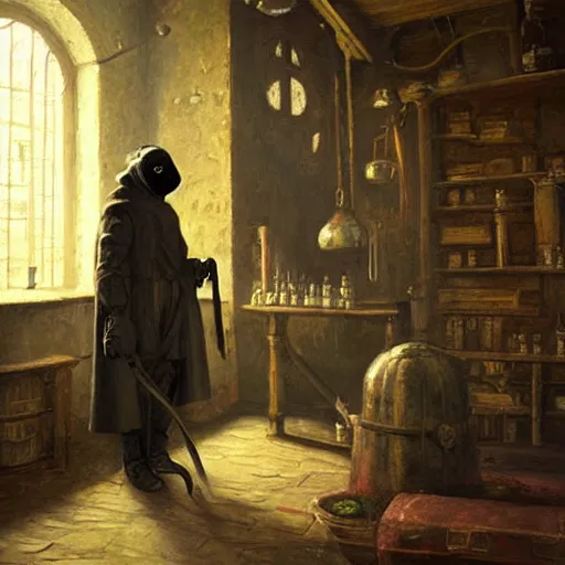 Prompt: plague doctor working in medieval apothecary, oil painting, by Greg Rutkowski