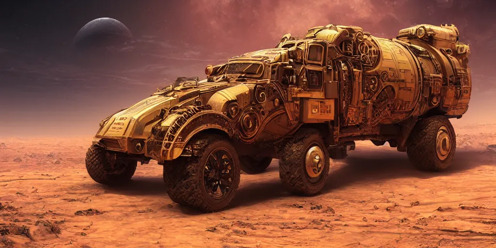 Prompt: steampunk tesla cybertruck rolling on mars 3 d concept art, dust around, planet venus backdrop, cinematic lighting, intricate details, octane rendering, trending on artstation, featured on behance