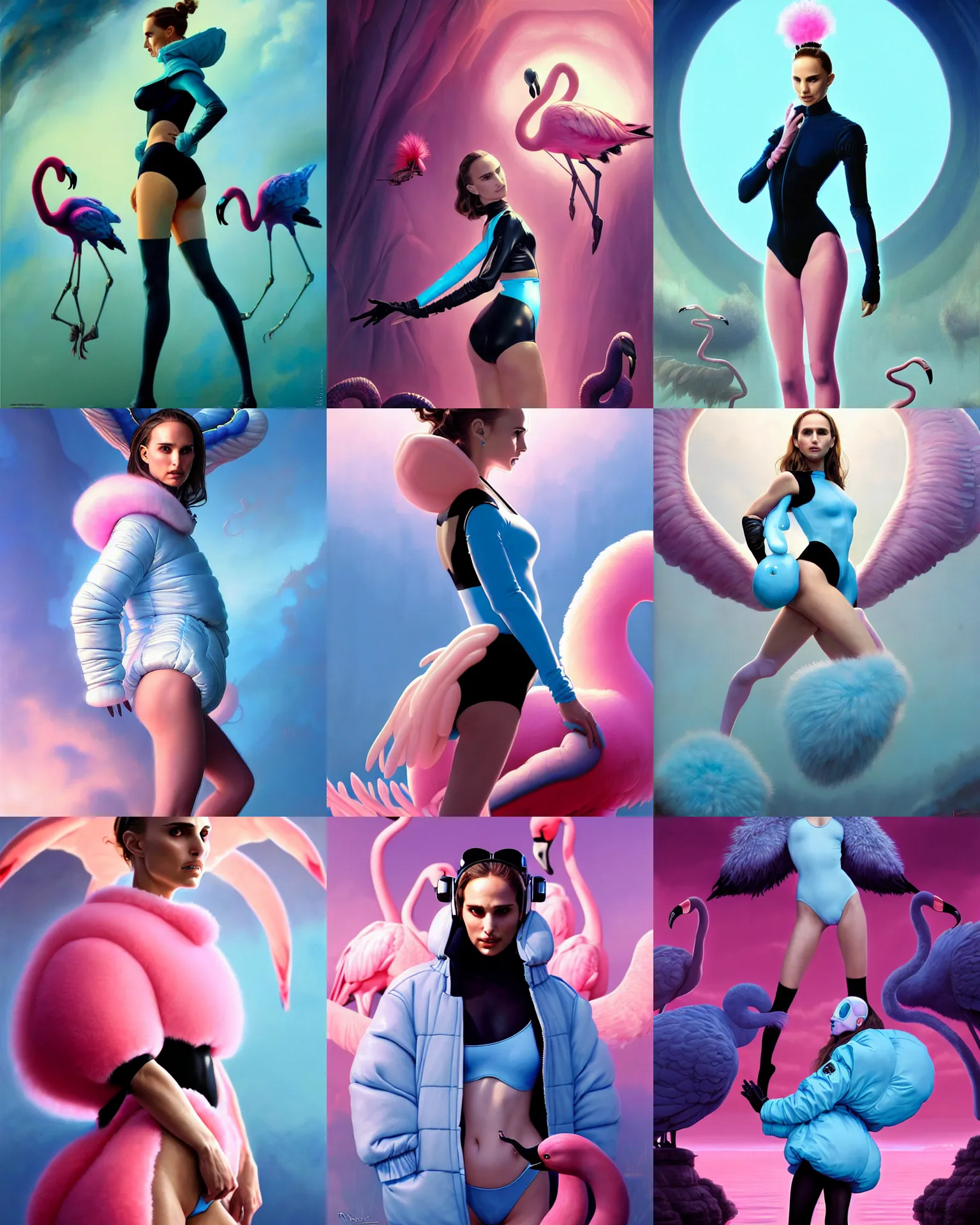 Prompt: beautiful fantasy character portrait, natalie portman, wearing oversized puffy baby blue bomber jacket and black leotard, ultra realistic, wide angle, dramatic lighting, flamingoes, very seductive pose, cyberpunk artifacts, highly detailed by peter mohrbacher, hajime sorayama, wayne barlowe, boris vallejo, aaron horkey, gaston bussiere, craig mullins