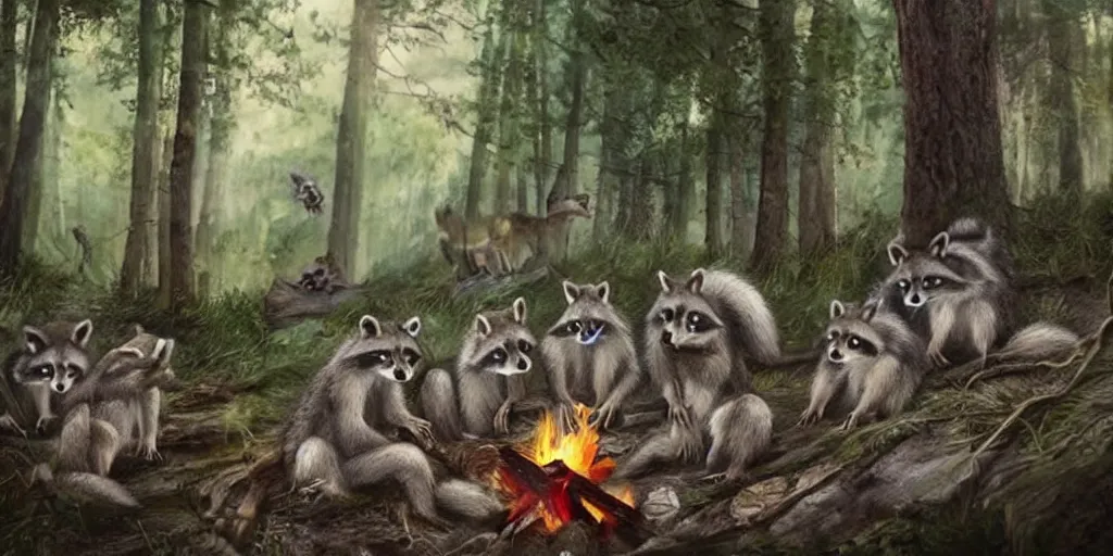 Image similar to A small group of racoons is sitting in the forest next to a campfire. There is a wolf sneaking from the side. Cinematic, very beautiful, painting in the style of Lord of the rings