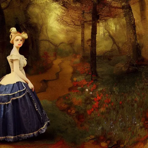 Prompt: Alice in Wonderland, Alice, victorian dress, Alice staring into the distance, surreal forest, painted by Rembrandt, high detail, digital art, trending on artstation