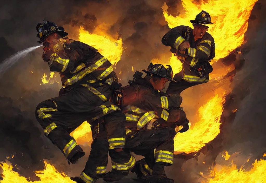 Prompt: heroic firefighter in action in black and yellow uniform, fire flames, sharp details, sharp focus, elegant, highly detailed, illustration, by jordan grimmer and greg rutkowski and 薯 子 imoko and wlop and maya takamura, intricate, art gta 5 cover