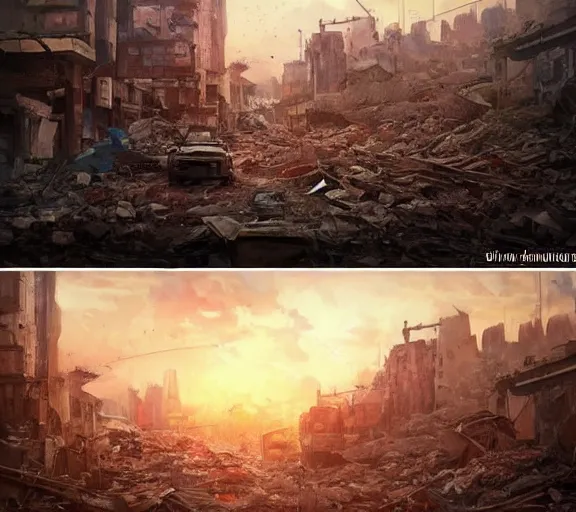 Image similar to an old-fashioned television in a pile of rubble in an apocalypse. Post apocalyptic, ruins, rubble, gloomy. By Makoto Shinkai, Stanley Artgerm Lau, WLOP, Rossdraws, James Jean, Andrei Riabovitchev, Marc Simonetti, krenz cushart, Sakimichan, trending on ArtStation, digital art.