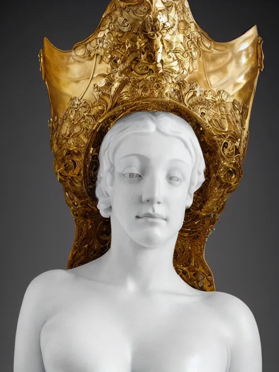Prompt: a dramatically lit art nouveau white marble head and torso sculpture of a worried young christina hendricks, wearing intricate gold plate armor on her chest and a golden helmet, delicate, intricate, smooth, beautiful, glowing, by charles van der stappen
