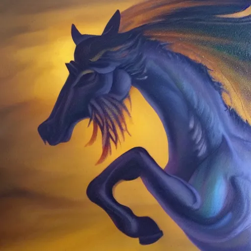 Image similar to oil painting horses mixed with dragon at night backlit