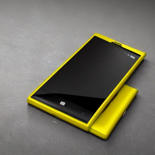 Prompt: a detailed render of a modern day yellow nokia lumia phone with a bezelless screen