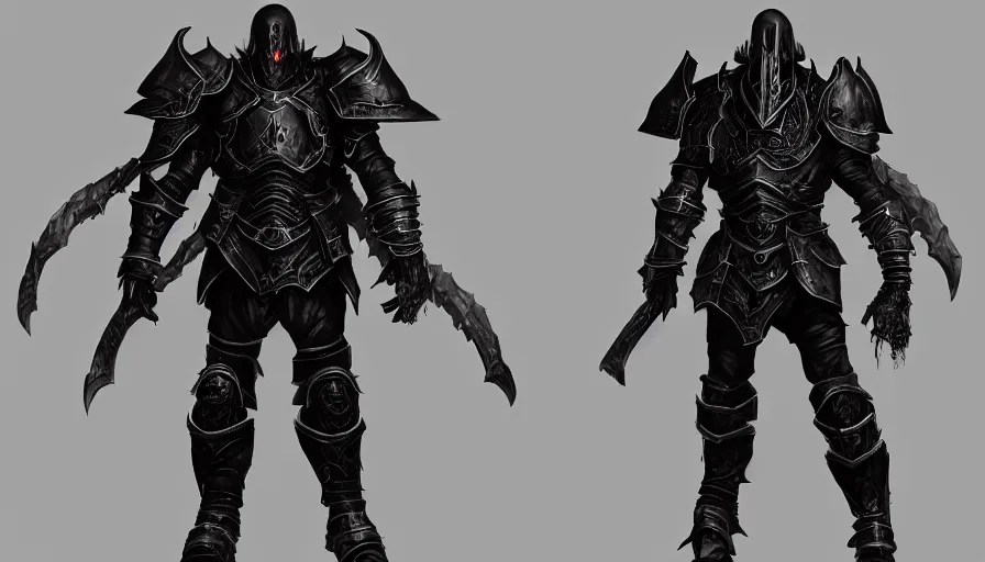 Image similar to a digital art portrait of grim dark cursed black paladin knight with human skulls in style of dark souls, the dark lord worrier power armour character design, character sheet, 4 k, ultra detail, volumetric lighting, unreal engine, octane render