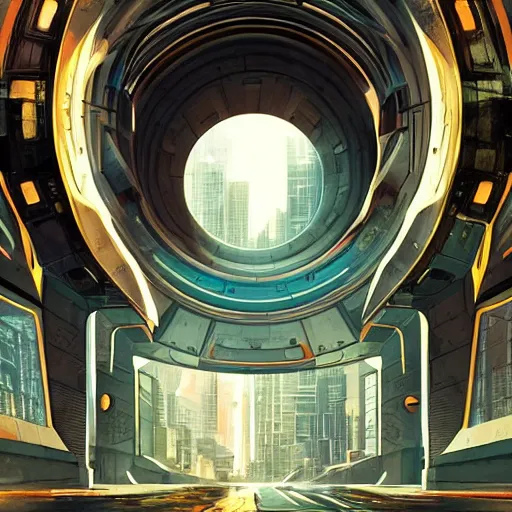 Image similar to centered circular derelict portal in a middle of a futuristic cityscape located under a bridgeway, world seen only through a portal, daylight, cinematic perspective, cinematic lighting, blue sky, syd mead, john harris, symmetrical