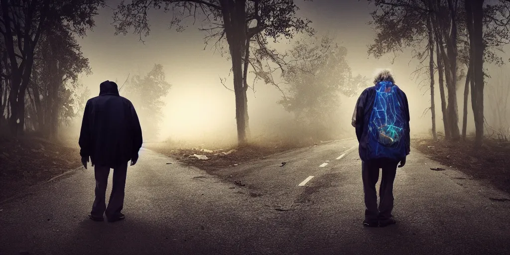 Image similar to a sad rumpled old homeless with torn clothes goes into the distance with his torn old backpack, neon road, magical sunset, gloomy forest, magical fog, depression, post - apocalypse