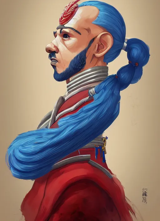 Prompt: a portrait of General Franky as a real man, wearing a traditional Japan dress, very muscular, blue hair, handsome chad chin, glowing red laser eye, intricate, highly detailed, digital painting, artstation, concept art, smooth, sharp focus, illustration, matte painting