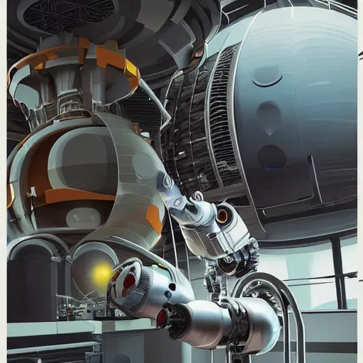 Image similar to robotic engineer working on a star cruiser engine, futuristic engine room, sparks flying, artwork by goro fujita