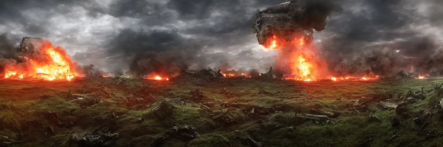 Prompt: natural looking fight landscape of ww 1 deep trenches with fortifications, soldiers fighting with aliens fro resistance game, green gas spreading across land, futuristic tank is on fire, ground explosion in the background, alien mothership in the sky, hyper realistic, highly detailed, dramatic lighting, raytarced, god rays, 4 k, 8 k, matte painting