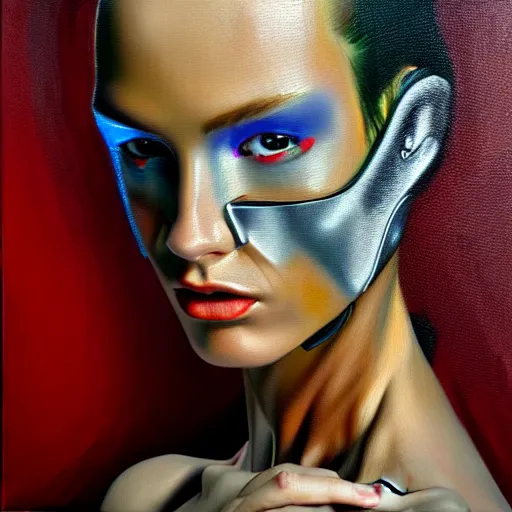 Image similar to cyborg fashion model, hyperrealism oil painting, matte