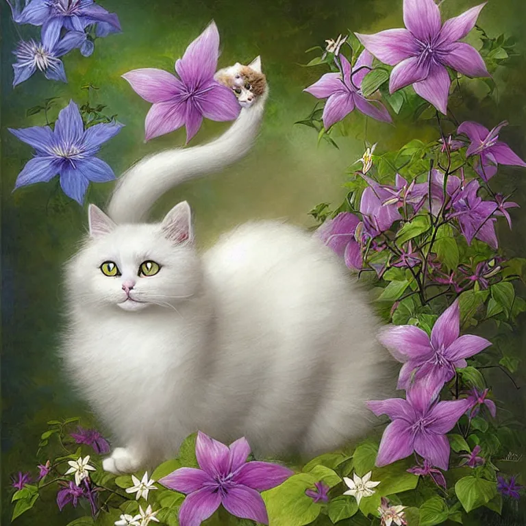 Prompt: a fluffy cartoon cat with fairy wings hovering in front of a clematis flower by Justin Gerard