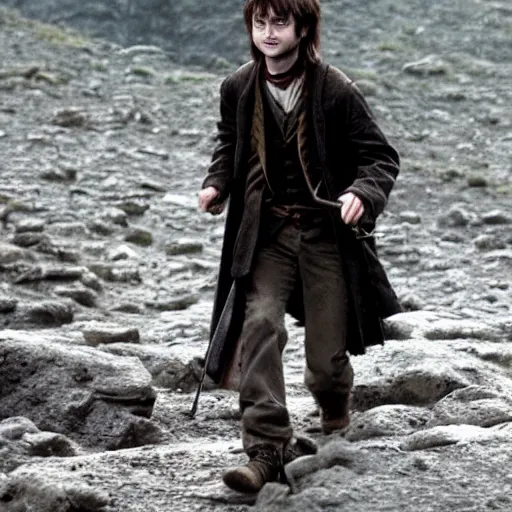 Prompt: daniel radcliffe as harry potter walking, in mordor from lord of the rings