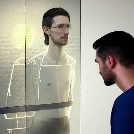 Prompt: human holograph looking to his refelection in mirror