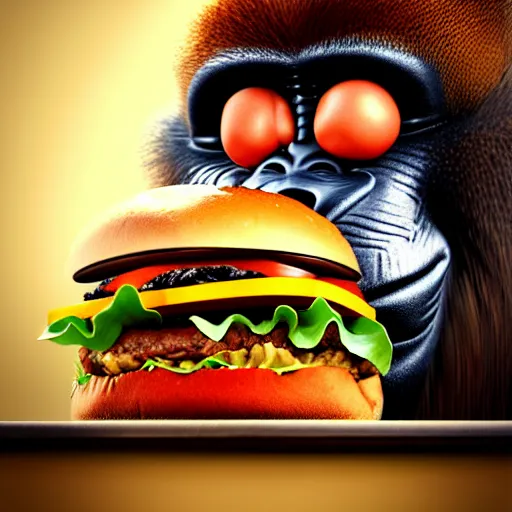 Image similar to monkey eating a burger, stylized, artstation, hd, photorealistic, photograph, cgsociety, cgi, digital, illustration, arts, realistic, awards winning, dramatic, cinematic, artistic, famous, detailed