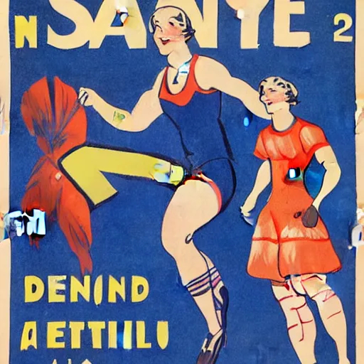 Prompt: a 1 9 2 8 cover of a french magazine. happy, healthy, beautiful, smiling, young, sporty, glowing woman in decent athletic wear. realistic detailed color drawing