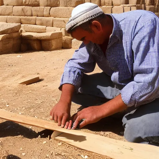 Image similar to a man cutting wood in front of egypt pyramids