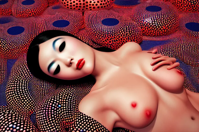 Image similar to hyperrealistic detailed image of a geisha laying in a art installation, interior by yayoi kusama, part by kei mieno, part by alex gray, part by ross tran, part by james jean, ultra realistic, highly detailed, life like face, detailed body, 8 k, octane render, trending on artstation, very cohesive, masterpiece