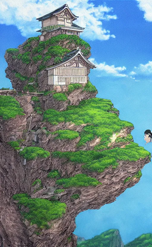 Image similar to amazing detailed photorealistic painting of a house hanging off a cliff edge. japan. studio ghibli. hd. hq