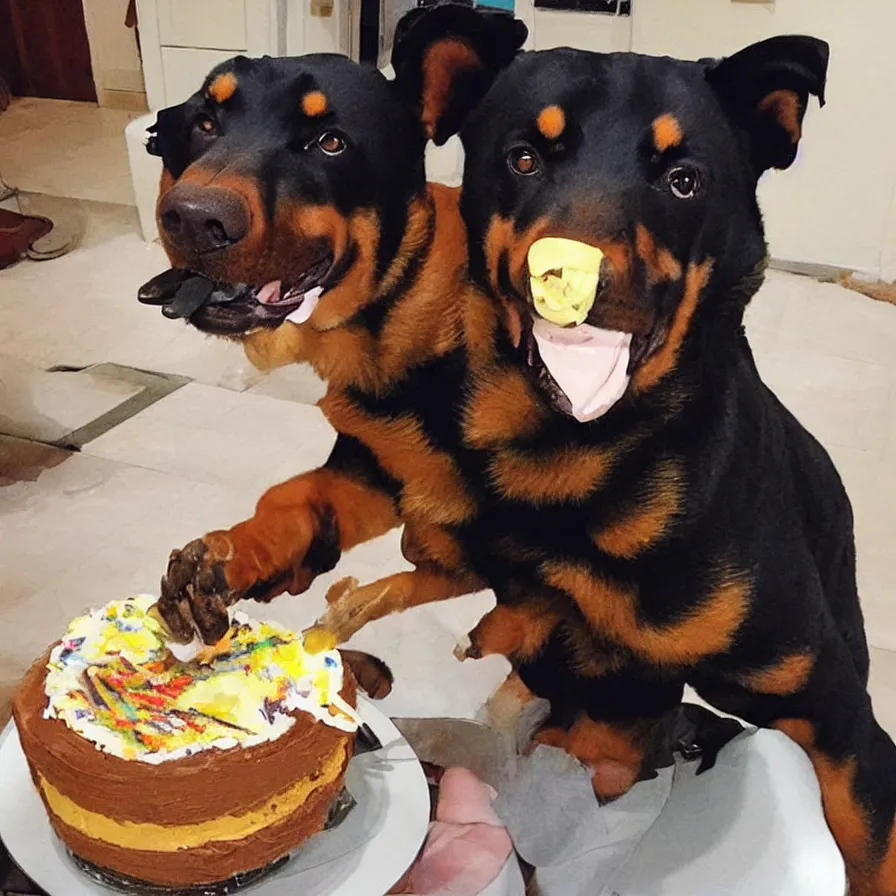 Prompt: “realistic Rottweiler trying to eat birthday cake”