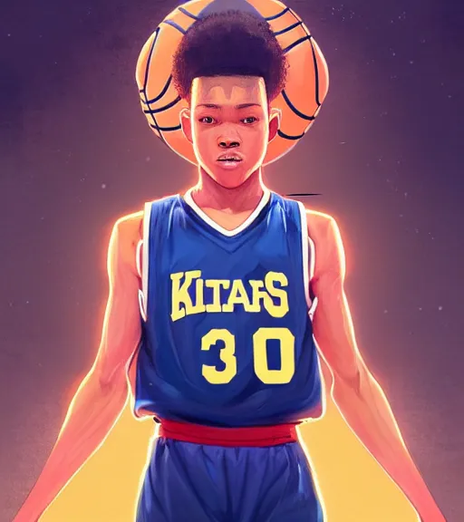 Prompt: portrait of a boy at a basketball court playing basketball wearing a basketball uniform in a basketball court, intense emotion, intricate, elegant, highly detailed, centered, digital painting, artstation, concept art, smooth, sharp focus, illustration, by Peter Mohrbacher, WLOP