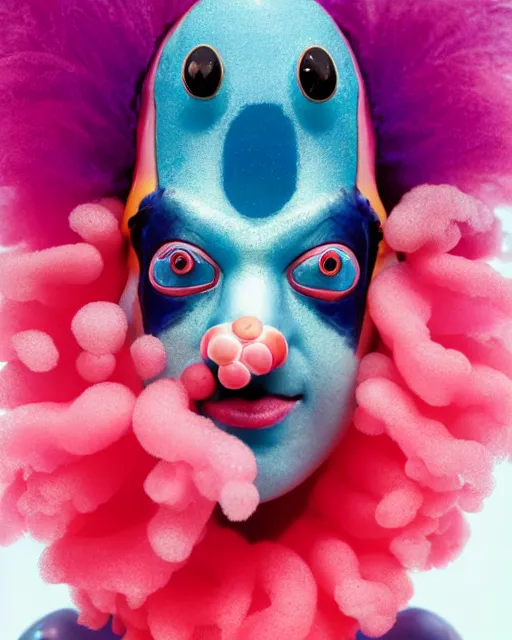 Image similar to natural light, soft focus portrait of a cyberpunk anthropomorphic clown fish with soft synthetic pink skin, blue bioluminescent plastics, smooth shiny metal, elaborate ornate head piece, piercings, skin textures, by annie leibovitz, paul lehr