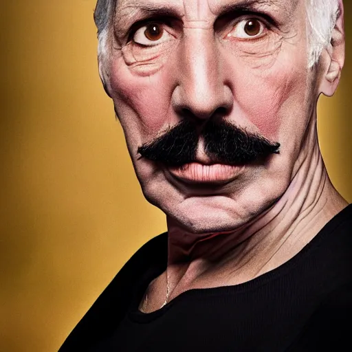 Image similar to old freddie mercury singer at age 7 5 years old, color ( sony a 7 r iv, symmetric balance, polarizing filter, photolab, lightroom, 4 k, dolby vision, photography award ), vogue, perfect face, movie poster