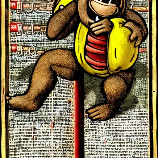 Image similar to Donkey Kong slips on a banana with a bunch on his arms, medieval text book art