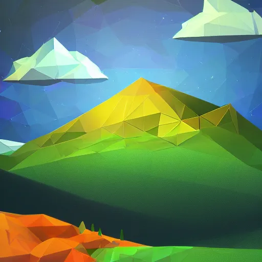 Prompt: low poly, surrealist lights, psychedelic sound, grassy hills background, valley with a lake