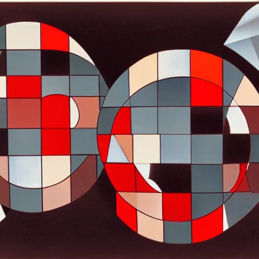 Prompt: chrome spheres on a red cube by oskar schlemmer