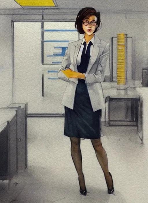 Image similar to concept art of a modern office life, young attractive business woman, pencil miniskirt, pinterest, artstation trending, behance, watercolor, by coby whitmore, silver, laser light,