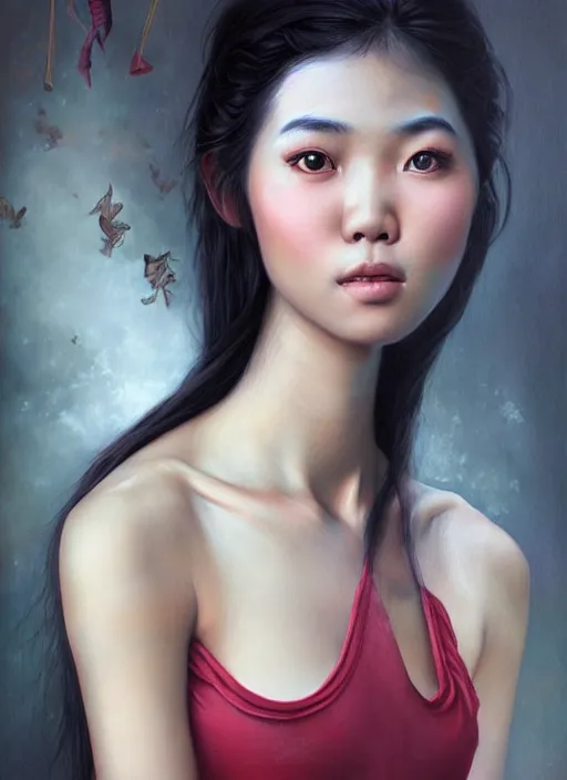 Prompt: a fantasy portrait painting of a beautiful Vietnamese nymph wearing a tanktop and sweatpants, art by Stanley Artgerm, Tom Bagshaw