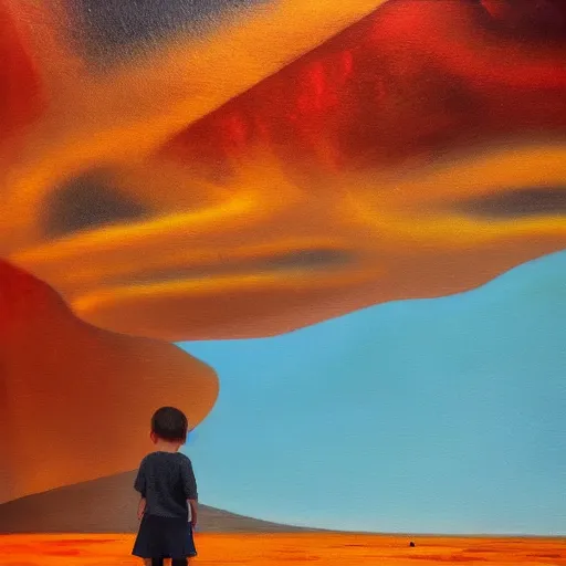 Prompt: amazing vast scenery, small human for scale, surrealist landscape painting