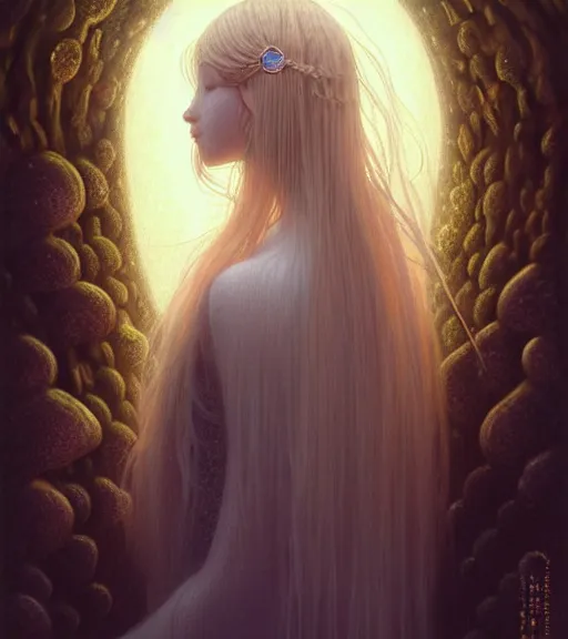 Image similar to portrait of teenage queen, long opalescent glistening wet hair made mycelium, blind frosted eyes, peaceful expression, bone jewelry, intricate, elegant, gem jewelry, mushroom cave, glowing lights, highly detailed, digital painting, artstation, concept art, smooth, sharp focus, illustration art by wlop, mucha, artgerm, and greg rutkowski