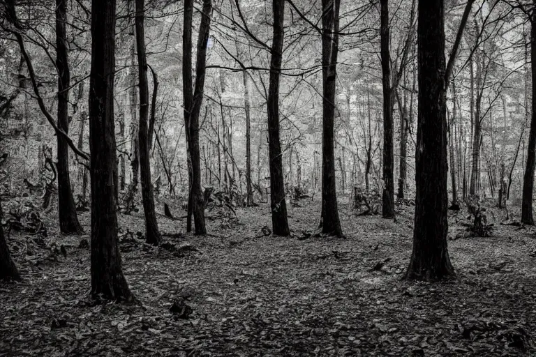 Prompt: photo of a forest made out of human bones, scary, horror, mid night, creepy, 4k