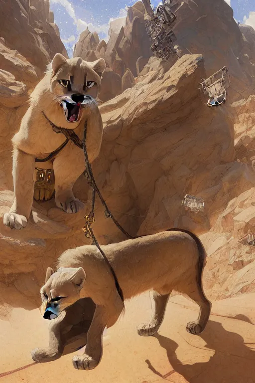 Prompt: A full commission of a male Furry Anthro albino mountain lion Fursona wearing miner's clothes in a desert mine, intricate, elegant, highly detailed, digital painting, artstation, concept art, smooth, sharp focus, illustration, art by Krenz Cushart and Artem Demura and alphonse mucha