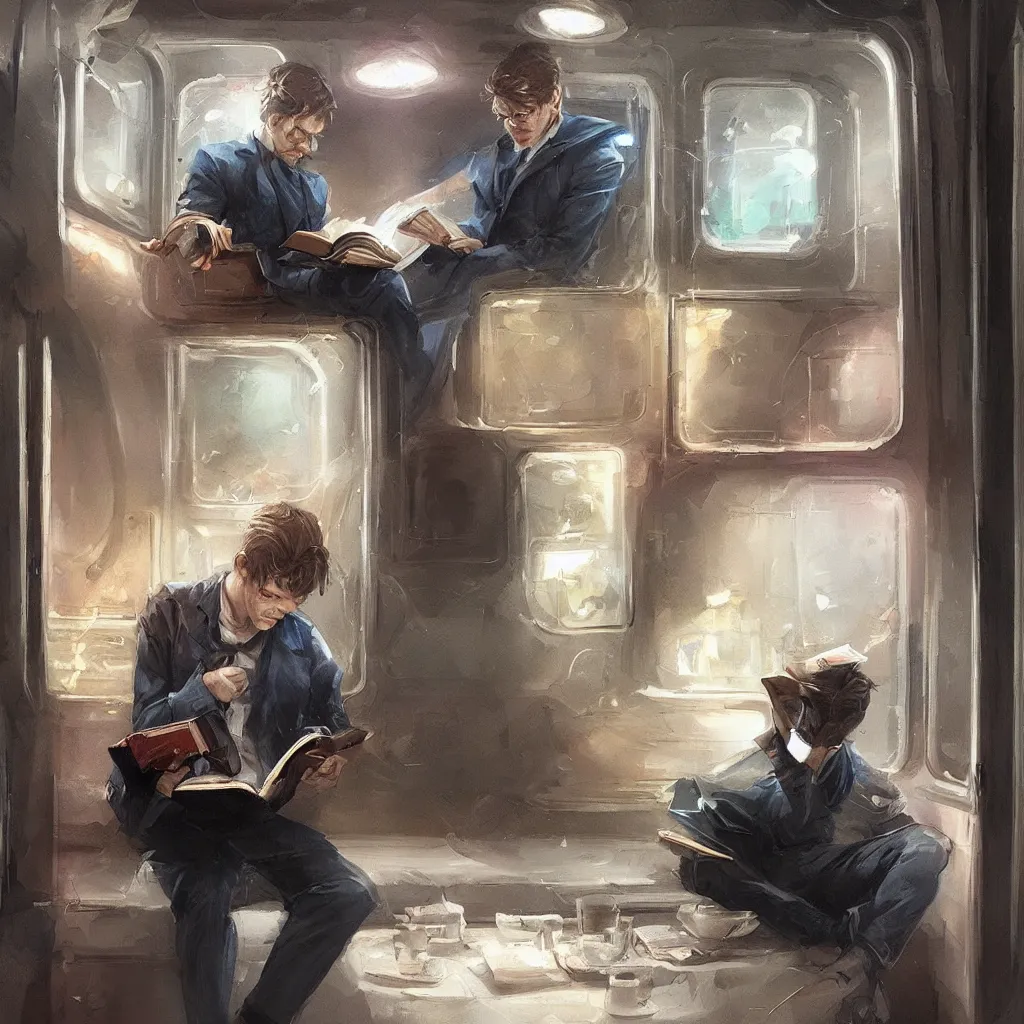 Image similar to a painting of a lone man reading a magical book while sitting in a subway car, by rutkowski and artgerm, highly detailed, trending on artstation, movie concept art, cinematic lighting