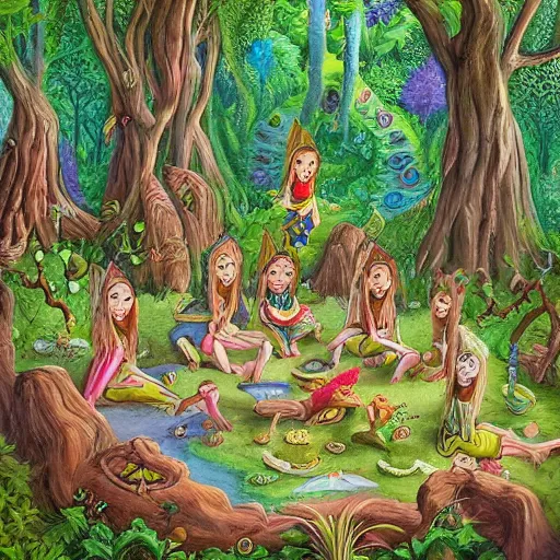 Image similar to highly detailed commune of !!!!!hedonist!!!!! (((((elves))))). the (((((elves))))) are carefree and playful. digitally painted forest scene. The (((((elves))))) each have the face of famous musician !!!!!Ed Sheeran!!!!!. Each elf looks like !!!!!!!!!!ED SHEERAN!!!!!!!!!! !!!!!ED!!!!! pixiv, artbreeder. high quality art