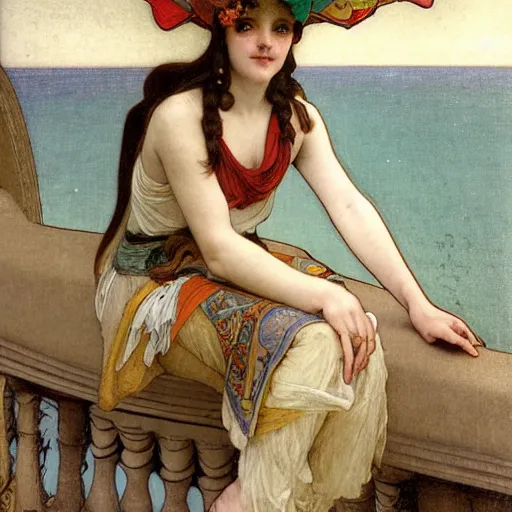 Prompt: A demon girl with jester hat and clothes on a greek archi circle on the front of a Balustrade with a beach and a sail boat on the background, major arcana cards, by paul delaroche, alphonse mucha and arnold böcklin arnold böcklin hyperrealistic 8k, very detailed