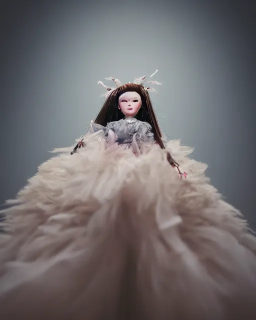 Image similar to high quality presentation photo of bjork as a porcelain doll, photography 4k, f1.8 anamorphic, bokeh, 4k, Canon, Nikon