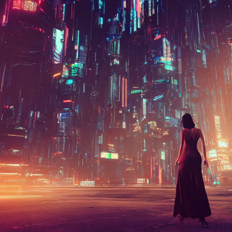 Prompt: Woman in the evening dress in the cyberpunk city by Ivan Lopez, photorealistic, unrealengine, 3d render, 8k resolution
